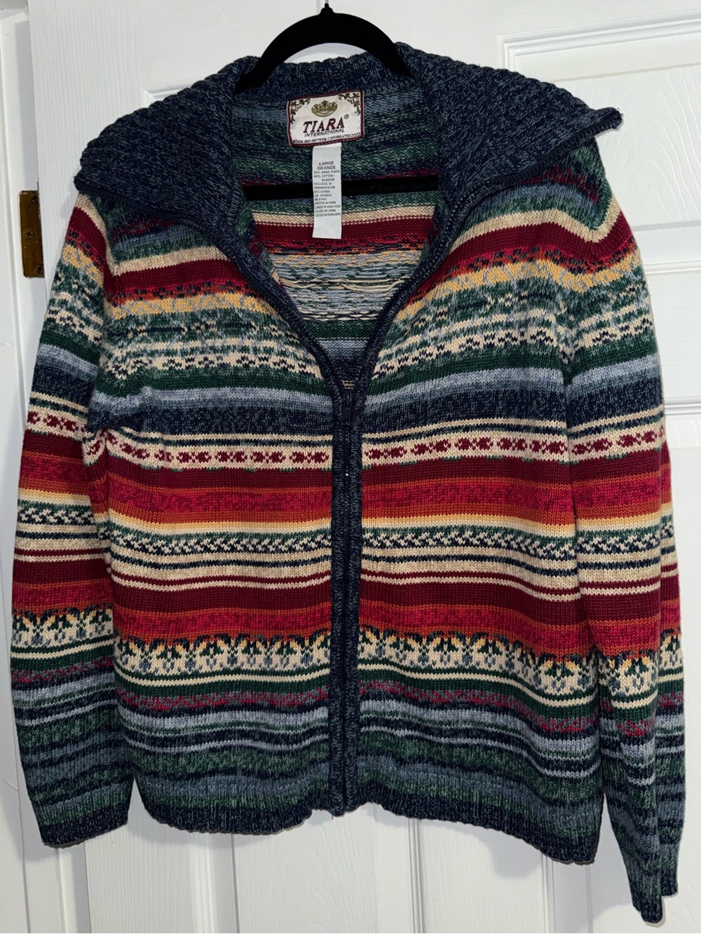 Tiara Vintage Navy Green Red Striped Knit Zip Sweater Cotton Ramie Women’s Large